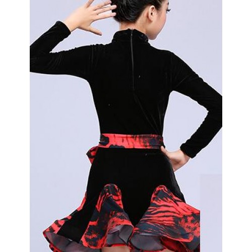 Black velvet long sleeves competition girl's kids children stage performance ballroom latin dance dresses costumes